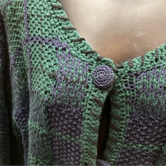 Kenji vintage green and blue button down hand-knitted cardigan sweater, L - Picture 2 of 11